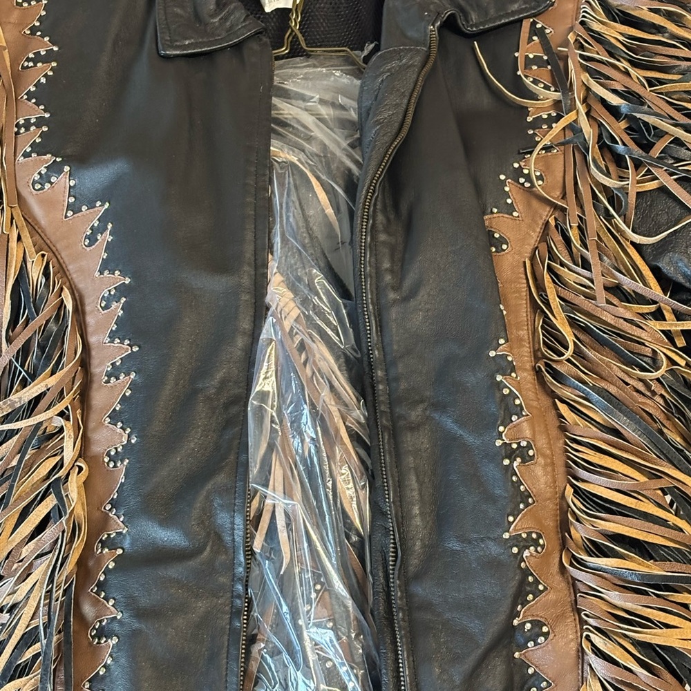 Black Leather Motorcycle Jacket with Brown Fringe and matching chaps